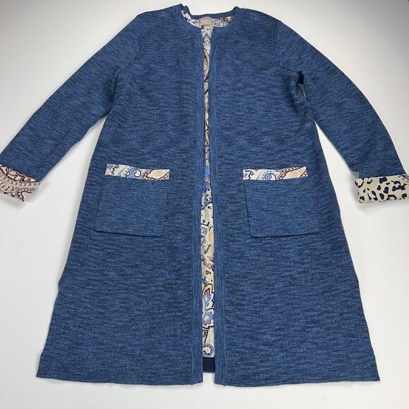 Chico's Heathered Blue Long Cardigan Leopard & Paisley Trim Chico's Size 1 (M/8) - Picture 13 of 14